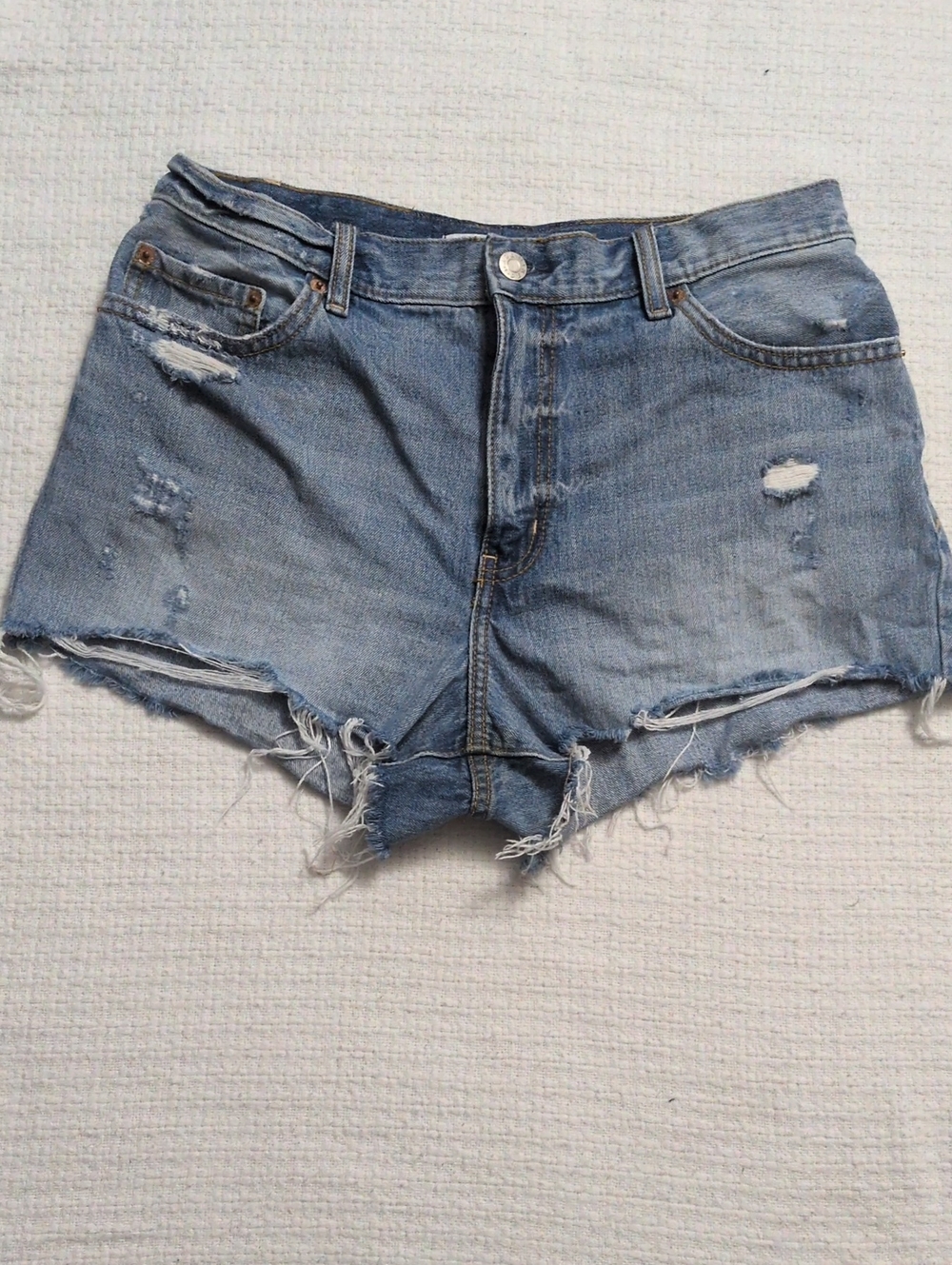 High-Rise Distressed Denim Shorts - Light Blue